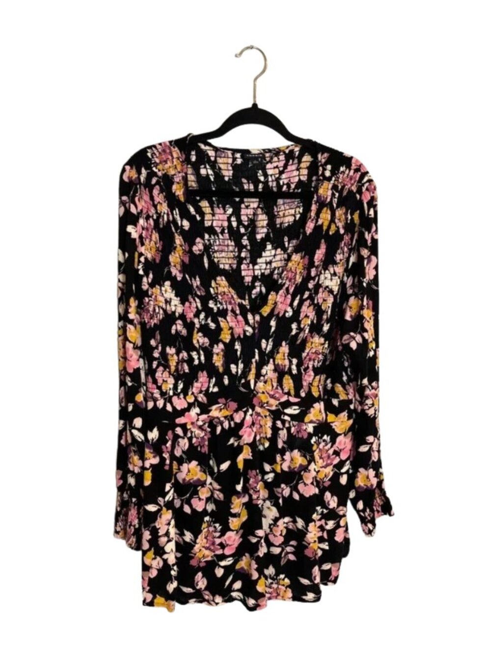Torrid Women's Floral Print Long Sleeve V-Neck Blouse Top Black And Pink Size 1